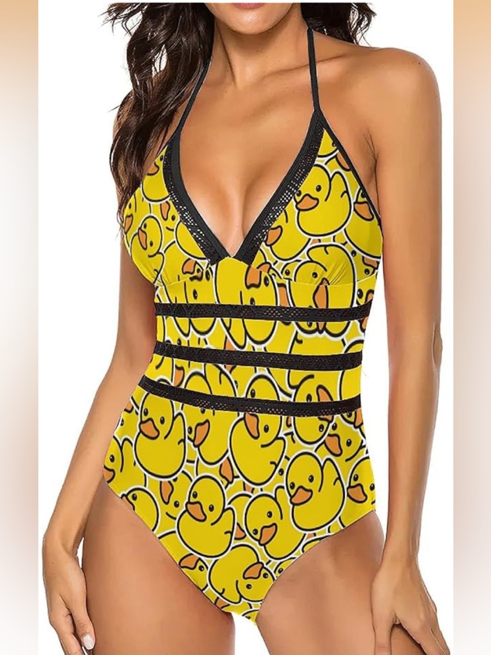 Yellow Rubber Duck Print One-Piece Swimsuit with Black Trim